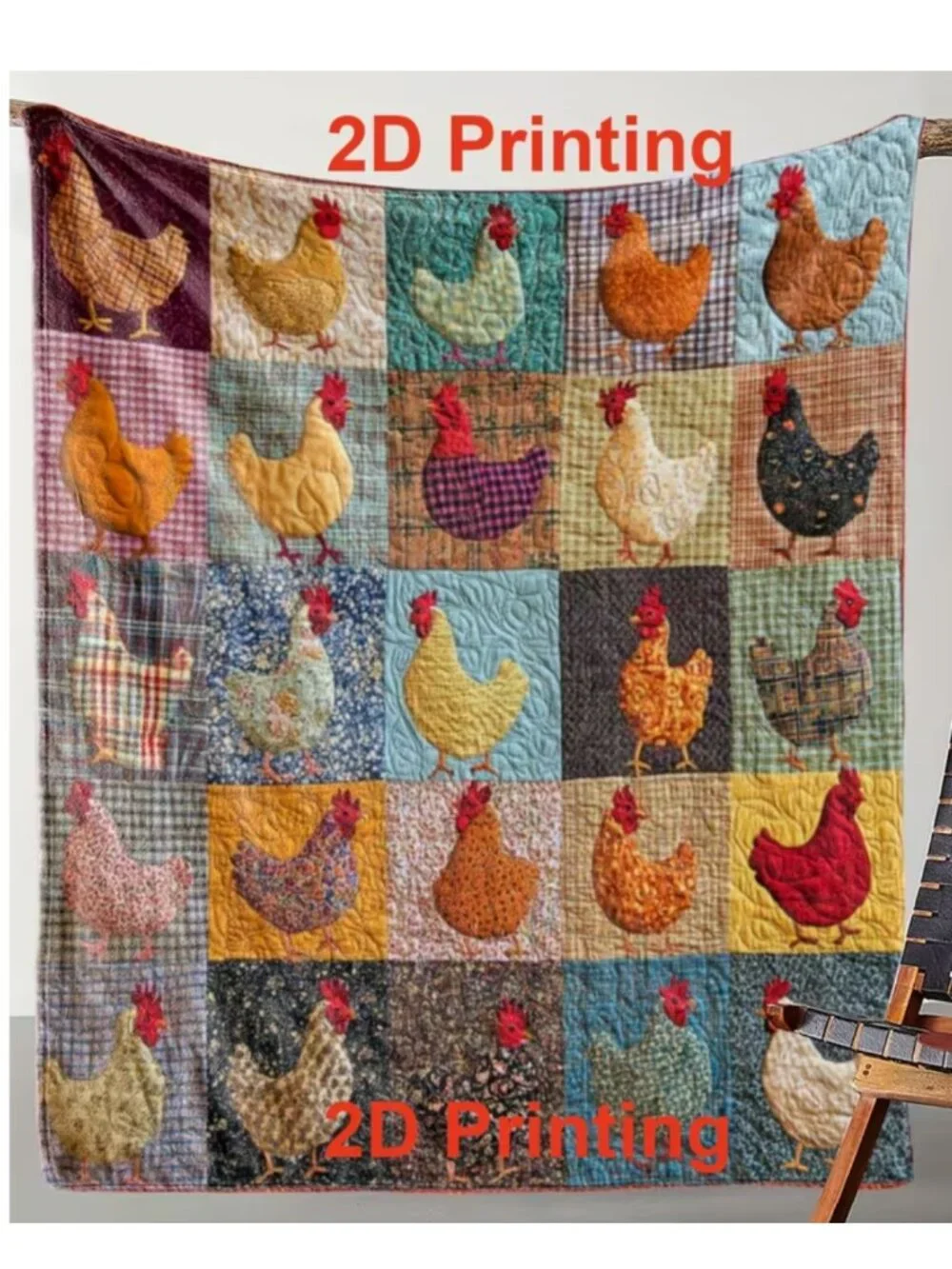NWT Vintage Farmhouse Chicken Faux Patchwork Print Velour Feel Fleece Throw 40x5